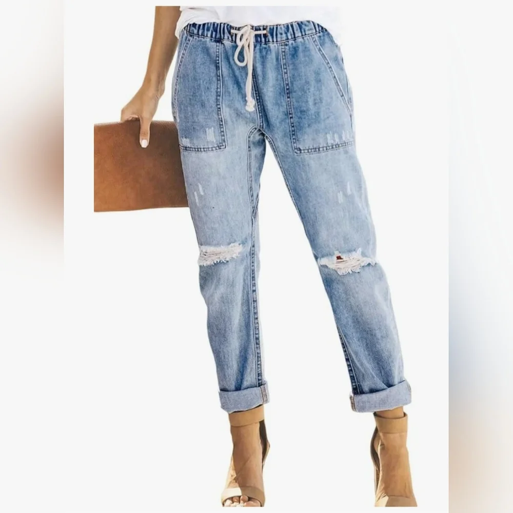 Womens Cargo Jeans Ripped Denim Joggers Elastic Drawstring Waist Pull On Skyblue